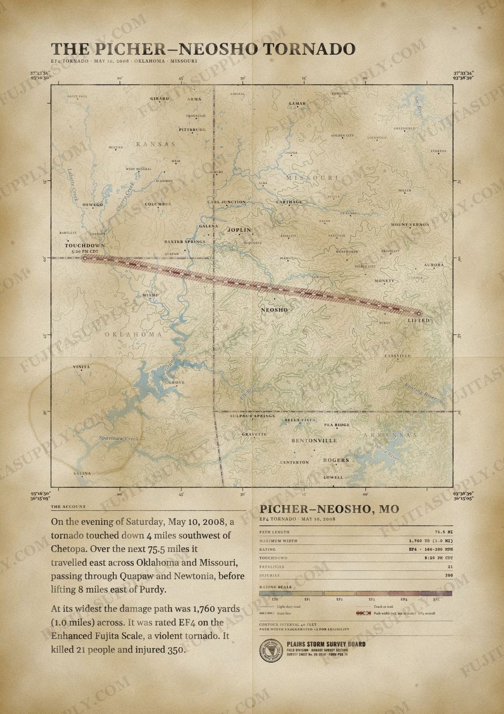 Map of the 2008 Picher-Neosho tornado path, drawn on a vintage survey sheet