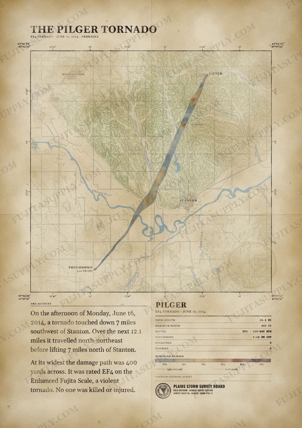 Map of the 2014 Pilger tornado path, drawn on a vintage survey sheet