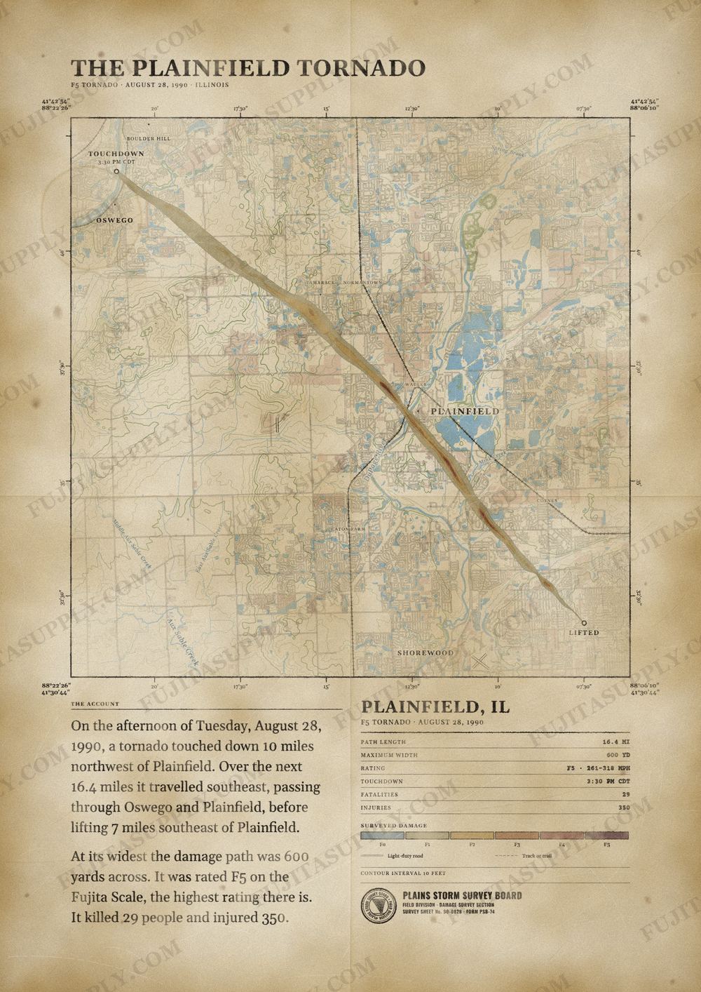 Map of the 1990 Plainfield tornado path, drawn on a vintage survey sheet