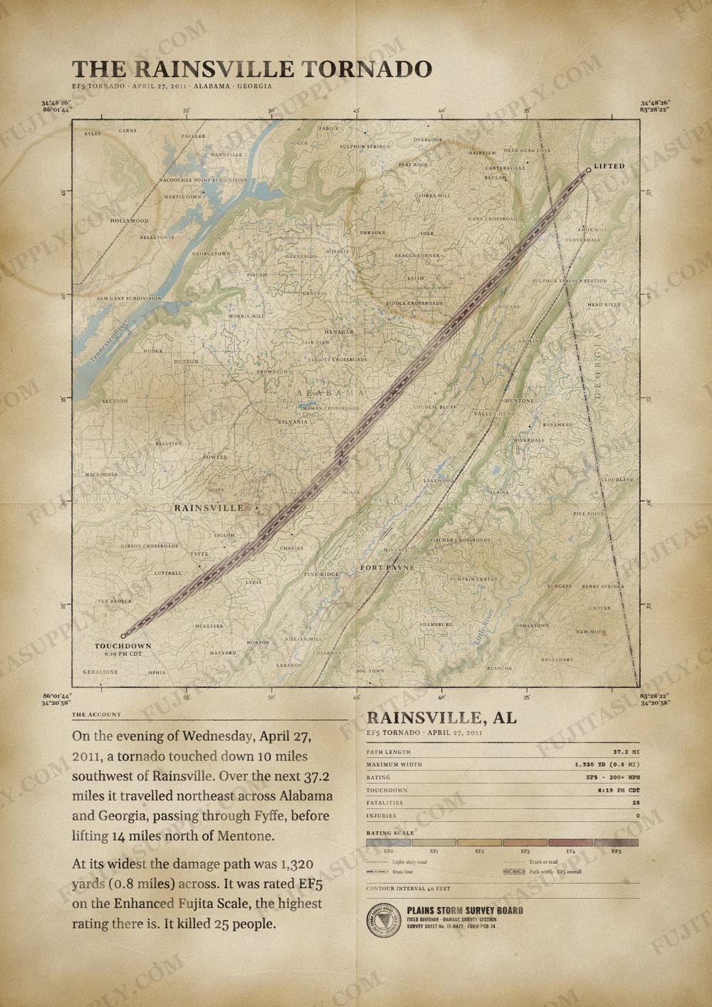 Map of the 2011 Rainsville tornado path, drawn on a vintage survey sheet