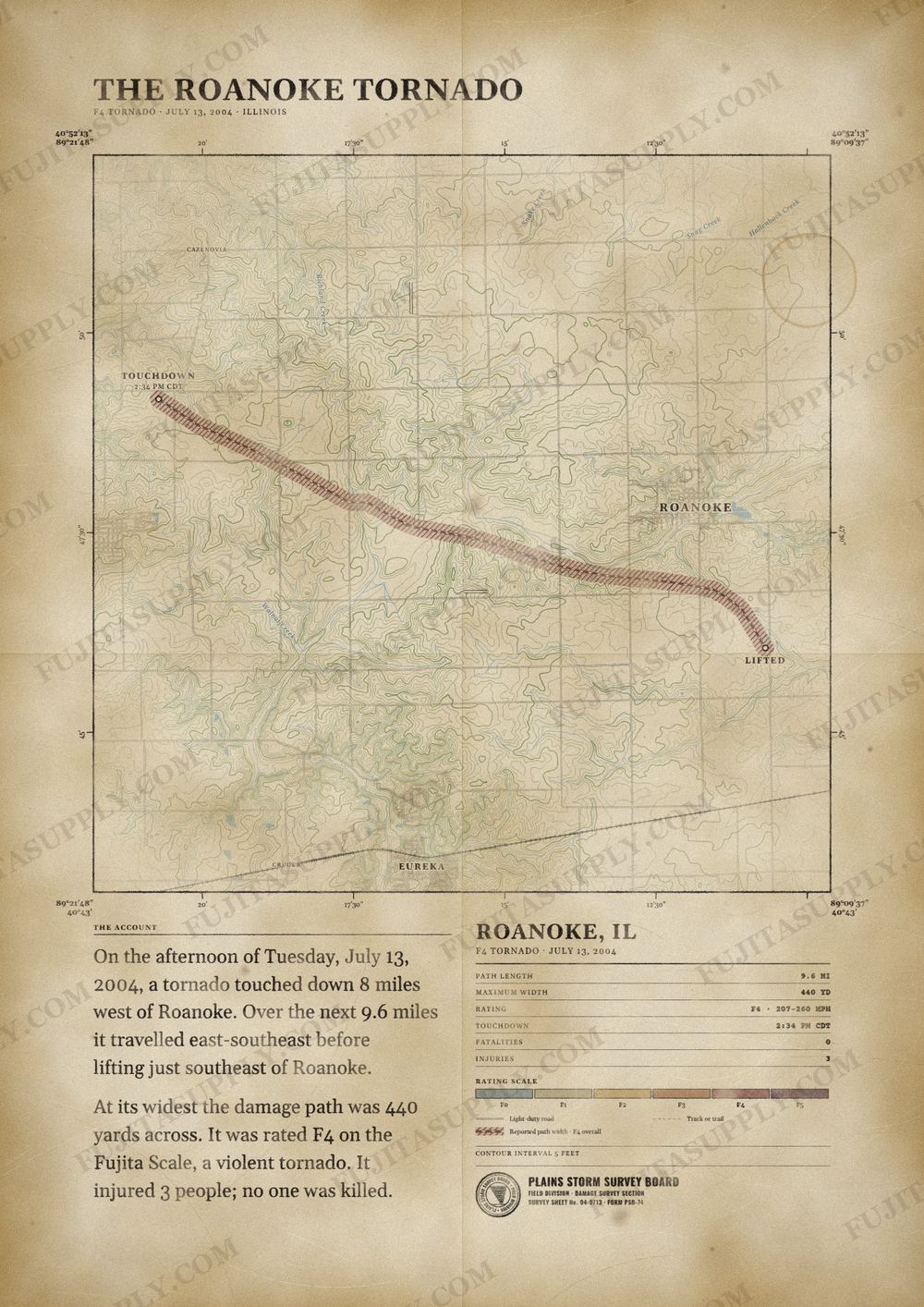 Map of the 2004 Roanoke tornado path, drawn on a vintage survey sheet