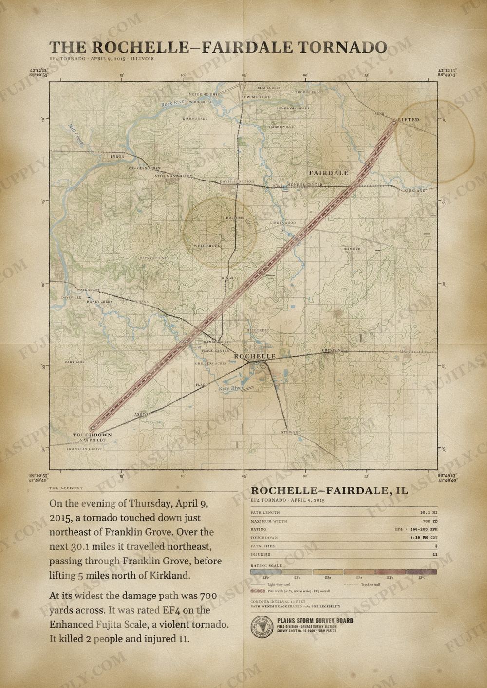 Map of the 2015 Rochelle-Fairdale tornado path, drawn on a vintage survey sheet