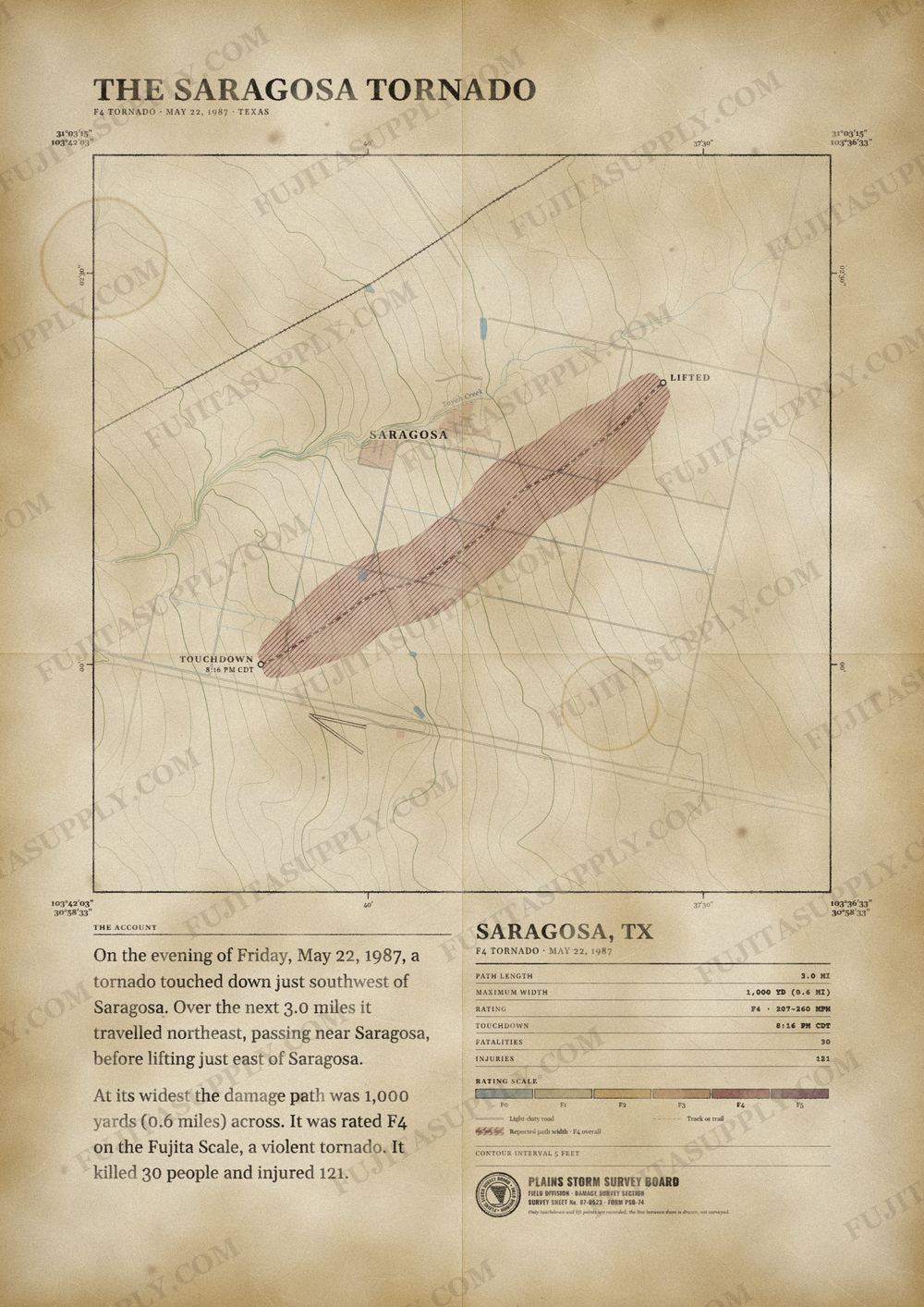 Map of the 1987 Saragosa tornado path, drawn on a vintage survey sheet