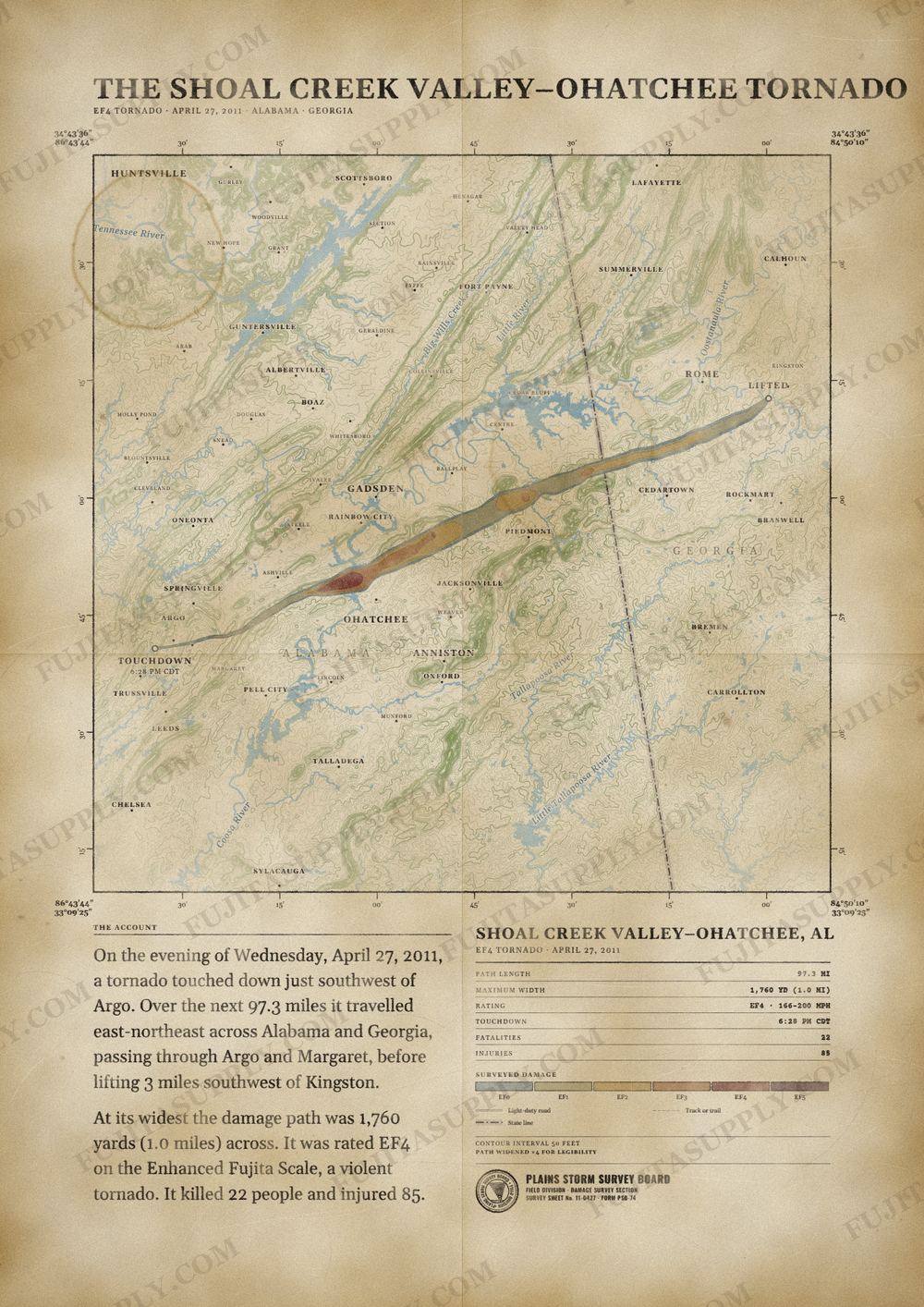 Map of the 2011 Shoal Creek Valley-Ohatchee tornado path, drawn on a vintage survey sheet