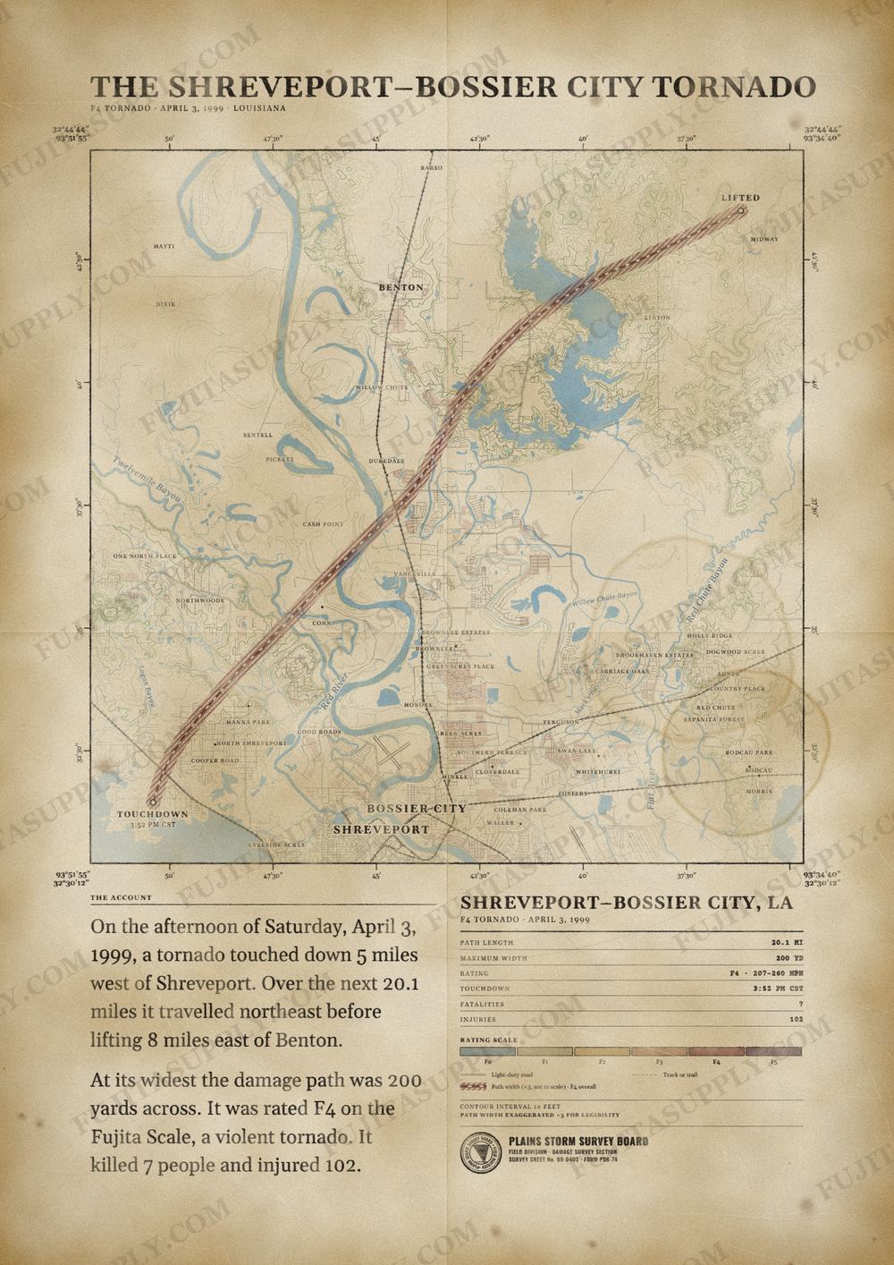 Map of the 1999 Shreveport-Bossier City tornado path, drawn on a vintage survey sheet