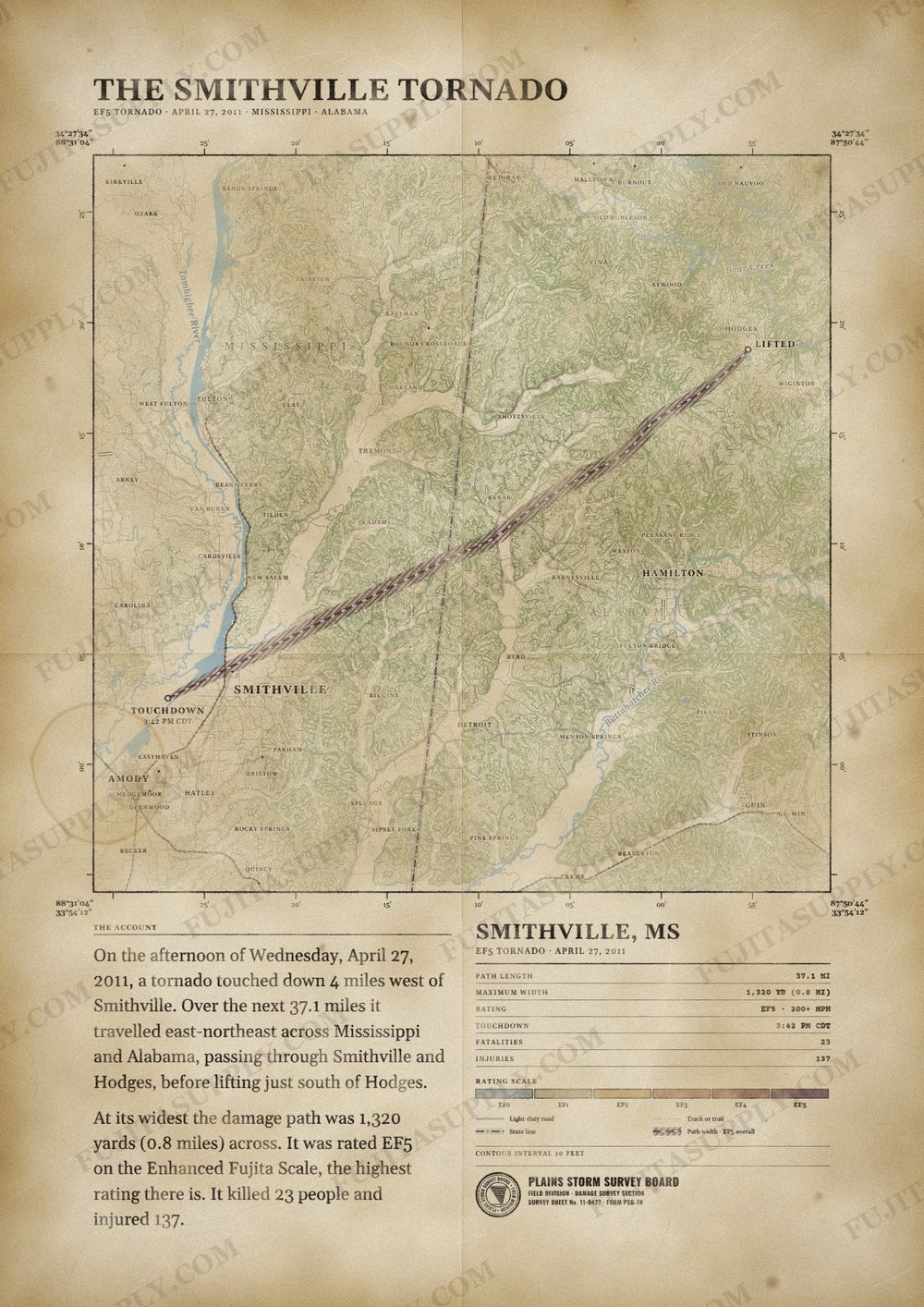 Map of the 2011 Smithville tornado path, drawn on a vintage survey sheet