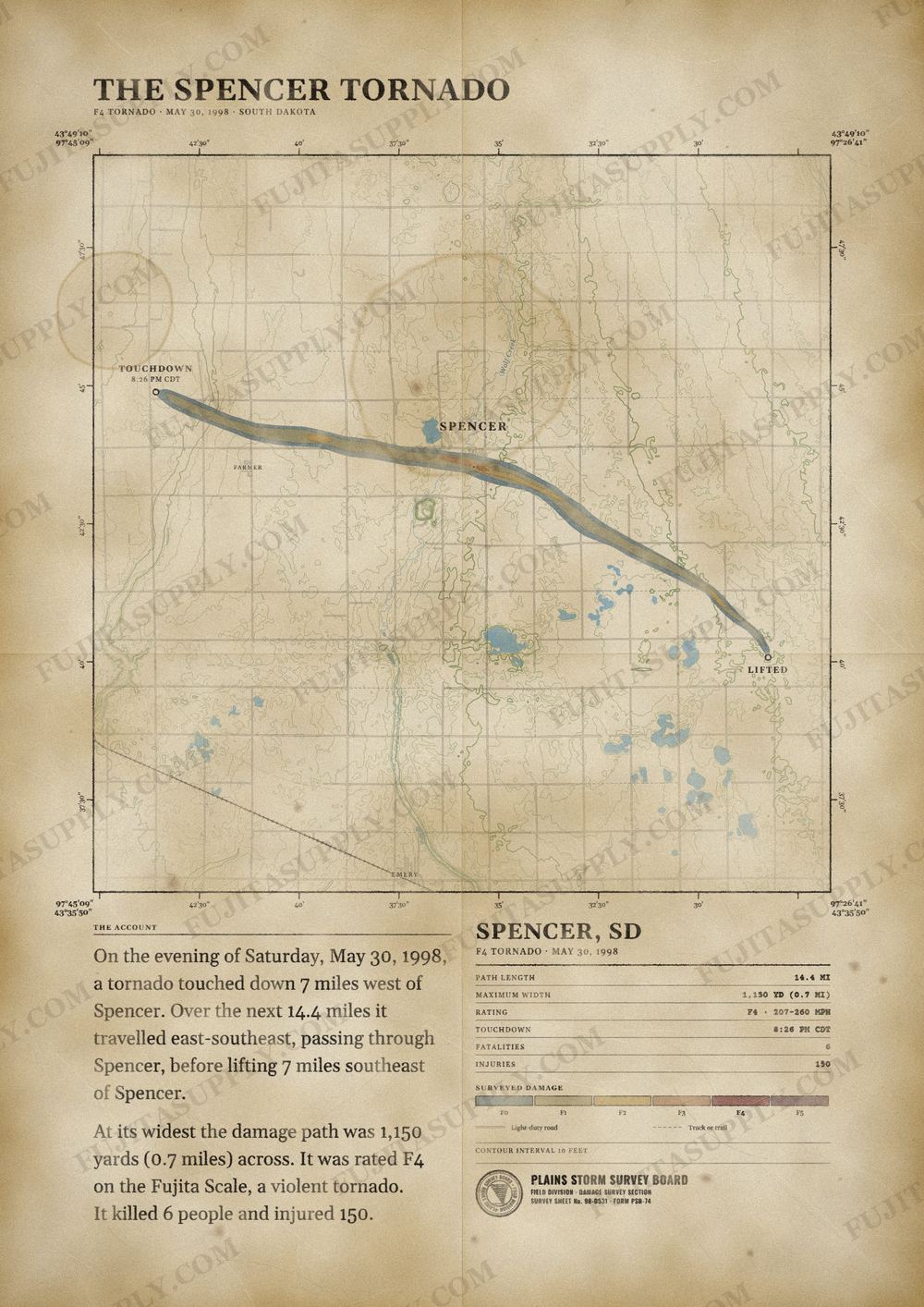 Map of the 1998 Spencer tornado path, drawn on a vintage survey sheet