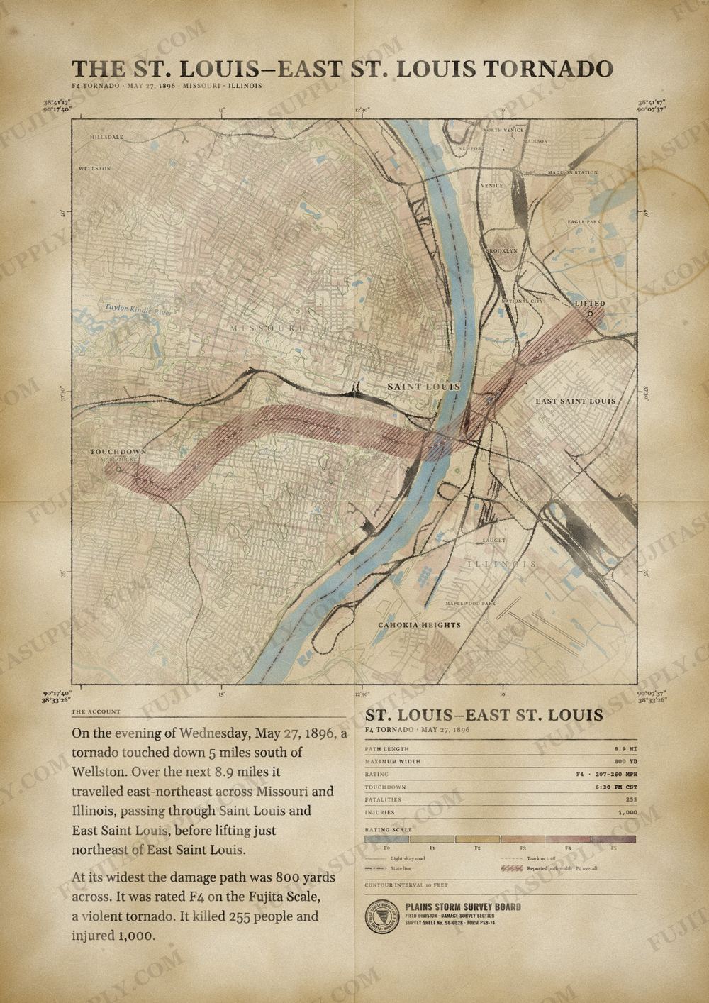 Map of the 1896 St. Louis-East St. Louis tornado path, drawn on a vintage survey sheet