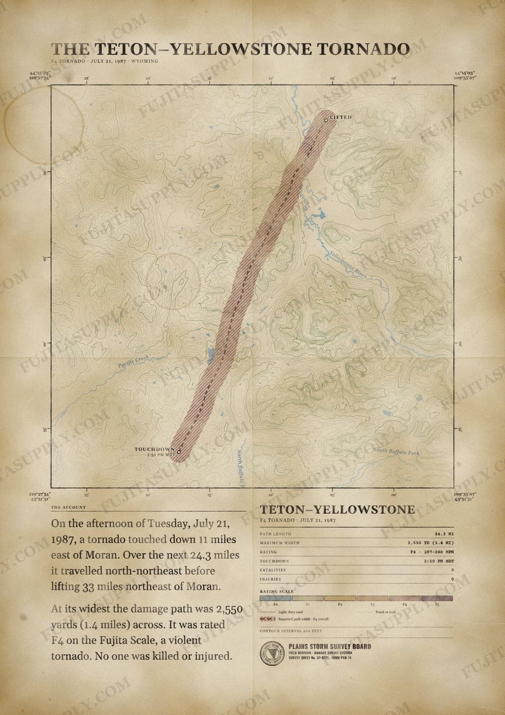 Map of the 1987 Teton-Yellowstone tornado path, drawn on a vintage survey sheet