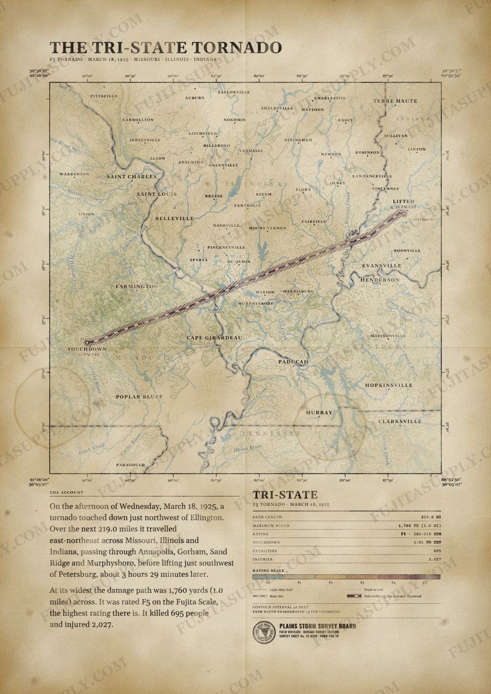 Map of the 1925 Tri-State tornado path, drawn on a vintage survey sheet