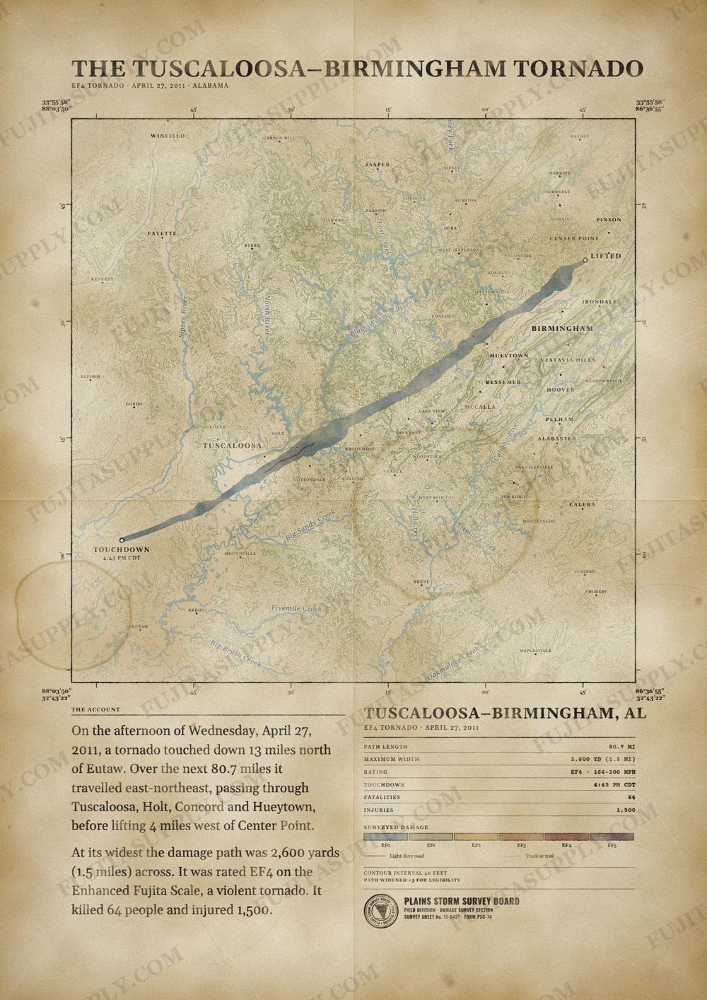 Map of the 2011 Tuscaloosa-Birmingham tornado path, drawn on a vintage survey sheet