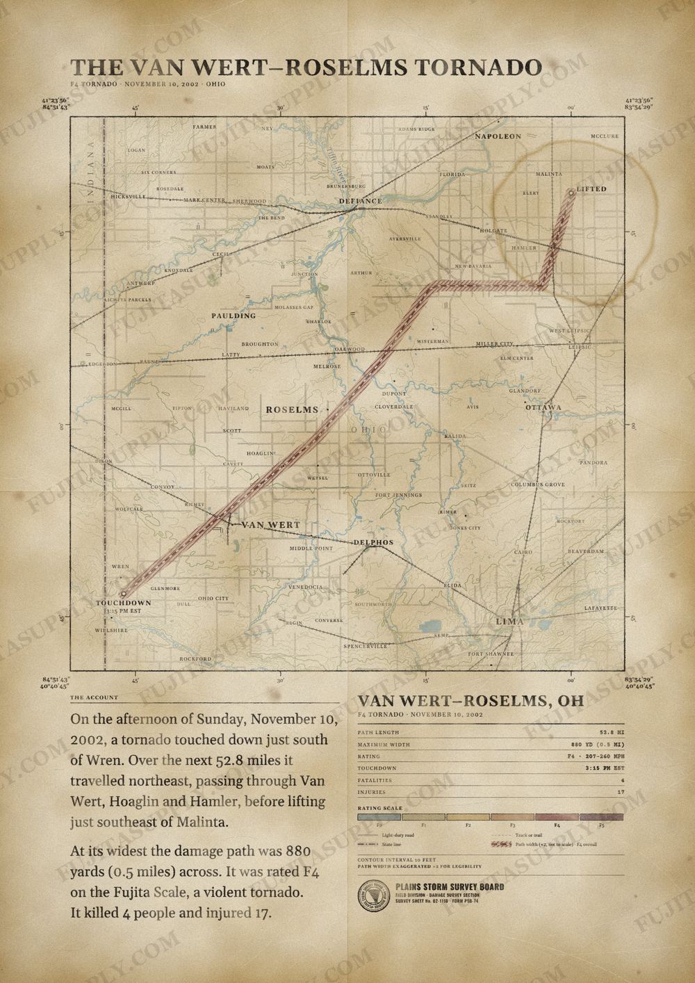 Map of the 2002 Van Wert-Roselms tornado path, drawn on a vintage survey sheet