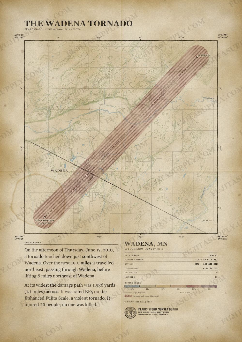 Map of the 2010 Wadena tornado path, drawn on a vintage survey sheet