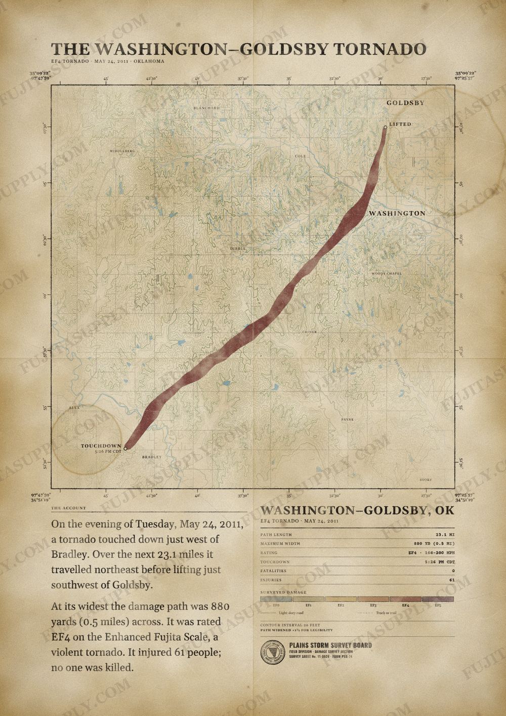 Map of the 2011 Washington-Goldsby tornado path, drawn on a vintage survey sheet