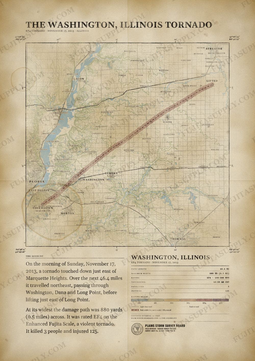 Map of the 2013 Washington, Illinois tornado path, drawn on a vintage survey sheet