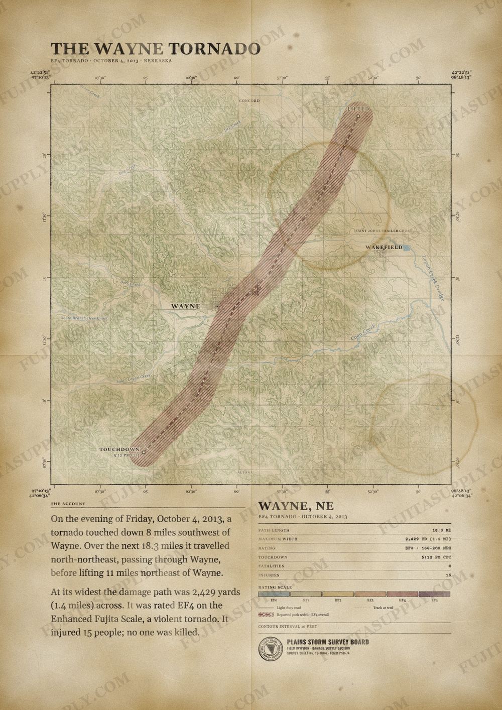 Map of the 2013 Wayne tornado path, drawn on a vintage survey sheet