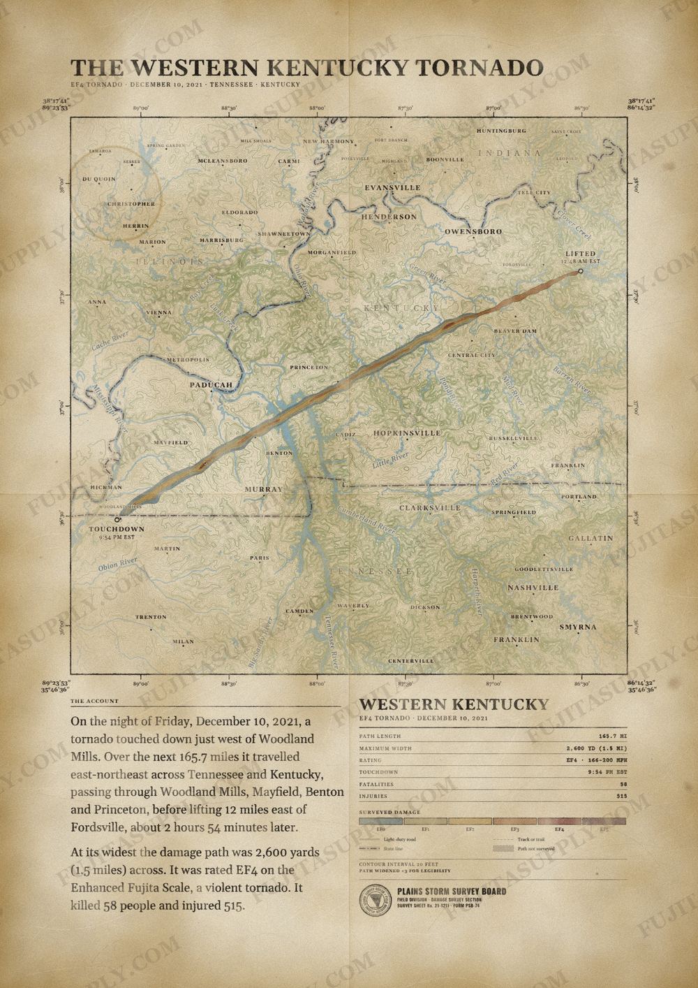 Map of the 2021 Western Kentucky tornado path, drawn on a vintage survey sheet