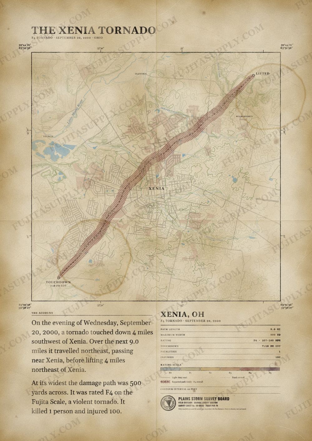 Map of the 2000 Xenia tornado path, drawn on a vintage survey sheet