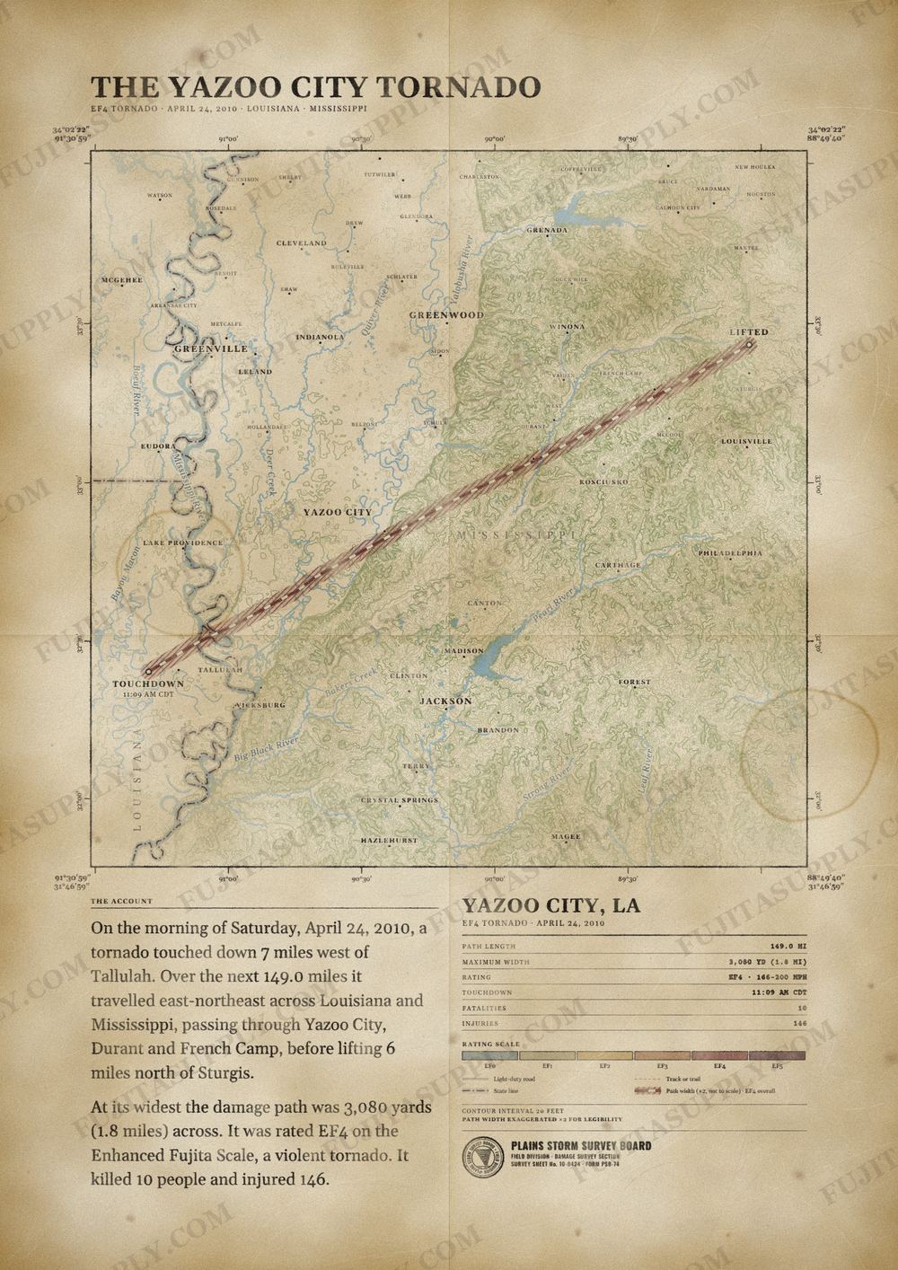 Map of the 2010 Yazoo City tornado path, drawn on a vintage survey sheet