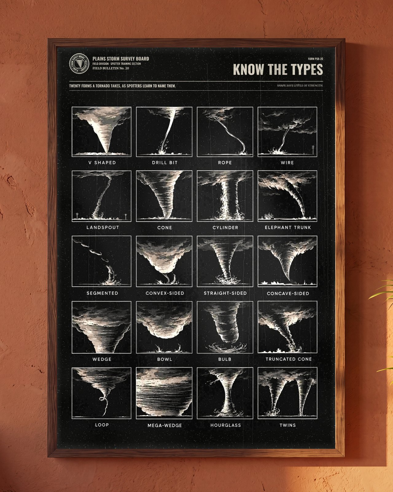 Tornado Types Chart print in a dark wood frame, showing 20 tornado shapes drawn in cream ink on black, from V shaped and rope to wedge and twins