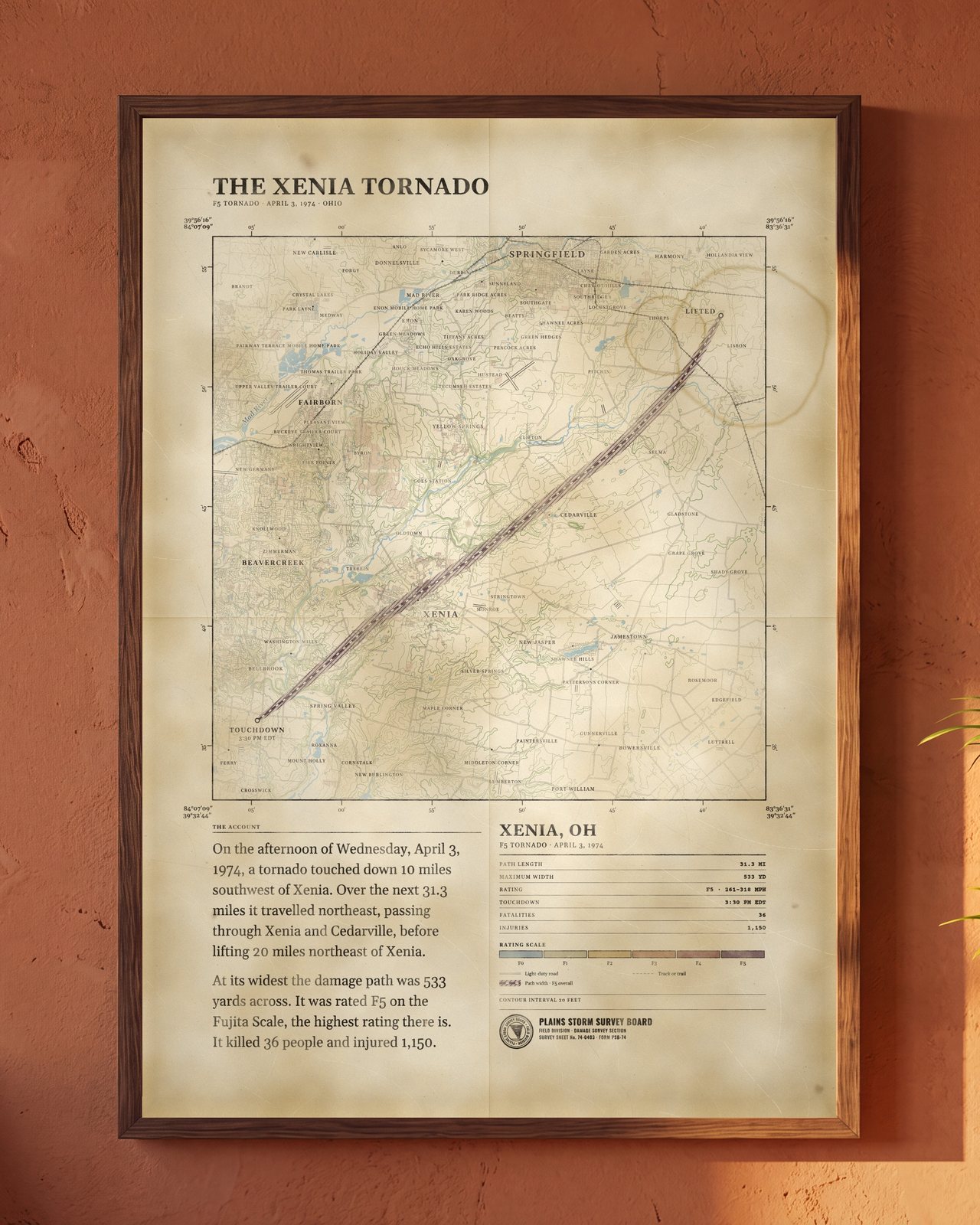 Xenia Tornado Map, 1974