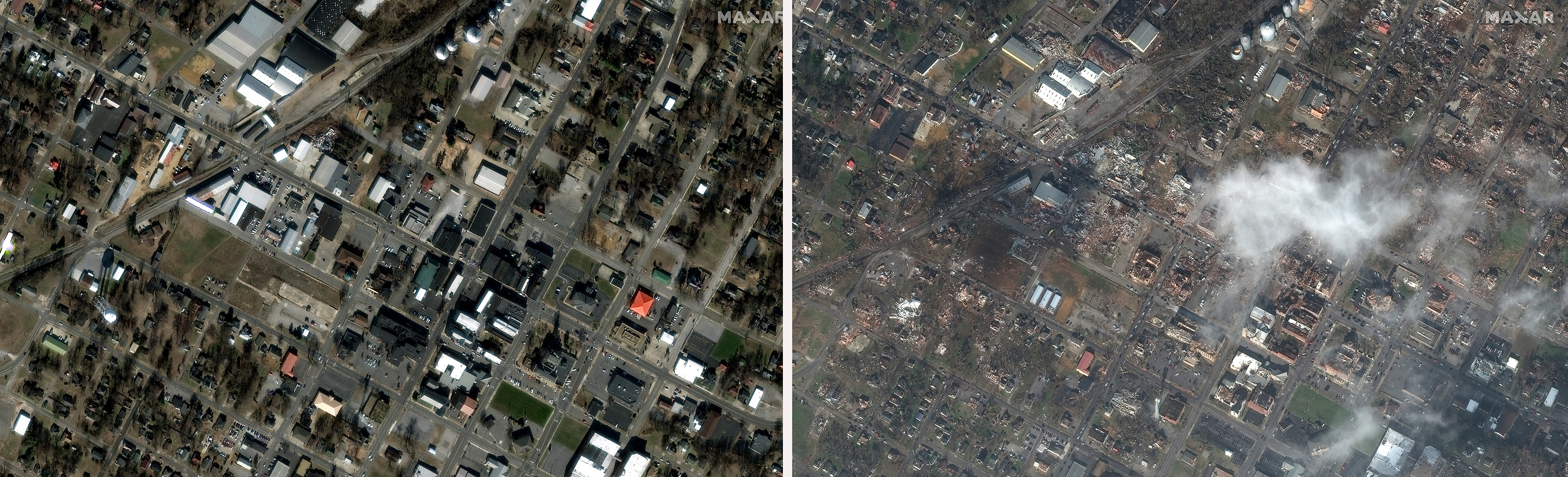 Before-and-after satellite comparison of Mayfield, Kentucky, showing the transformation of the historic downtown