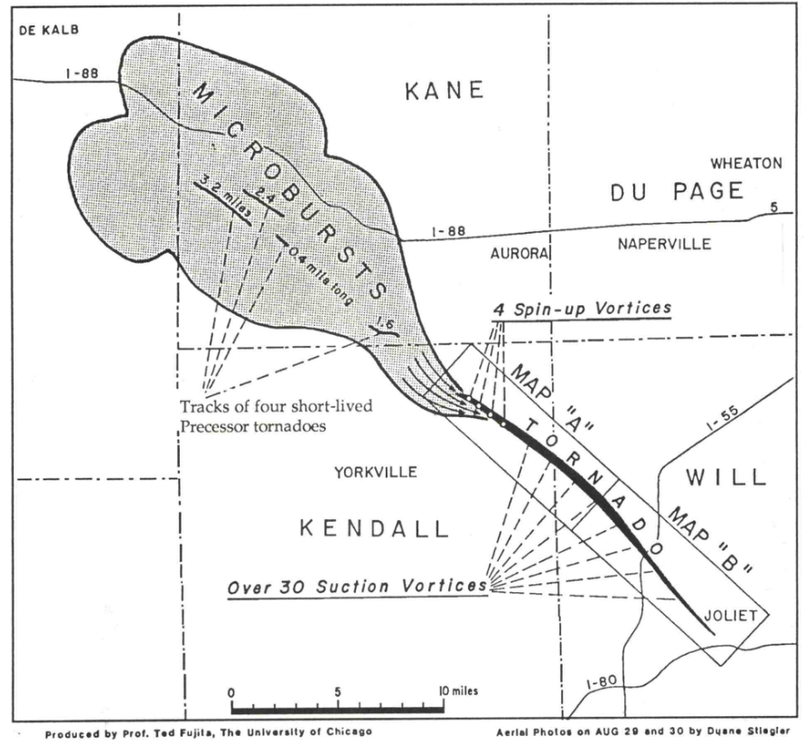 Fujita's diagram of the Plainfield microburst complex that preceded the tornado formation