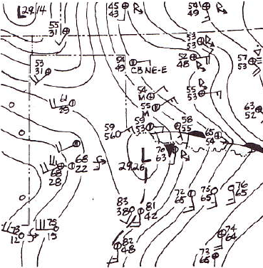 Surface analysis chart showing the dryline and warm front intersection over north-central Texas, April 10, 1979